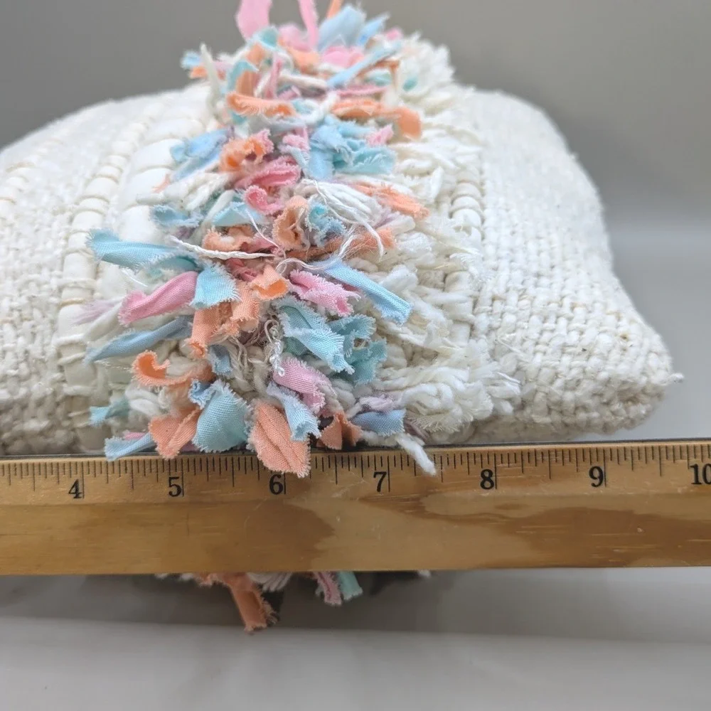 Boho Chunky Textured Woven Throw Pillow Cream Pastel Rag Fringe 10x10